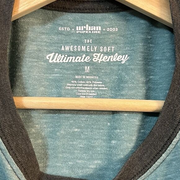 Men's Urban Pipeline The Awesomely Soft Ultimate Henley Tee Grey & Blue Size M - Picture 2 of 5